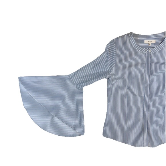 MILLY Women Size 4 Michelle Blue White Stripe Bell Sleeve Cotton Blouse USA - Picture 7 of 13